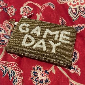 ANTONIO MELANI Gold Beaded 'GAME DAY' Pouch with White Lettering